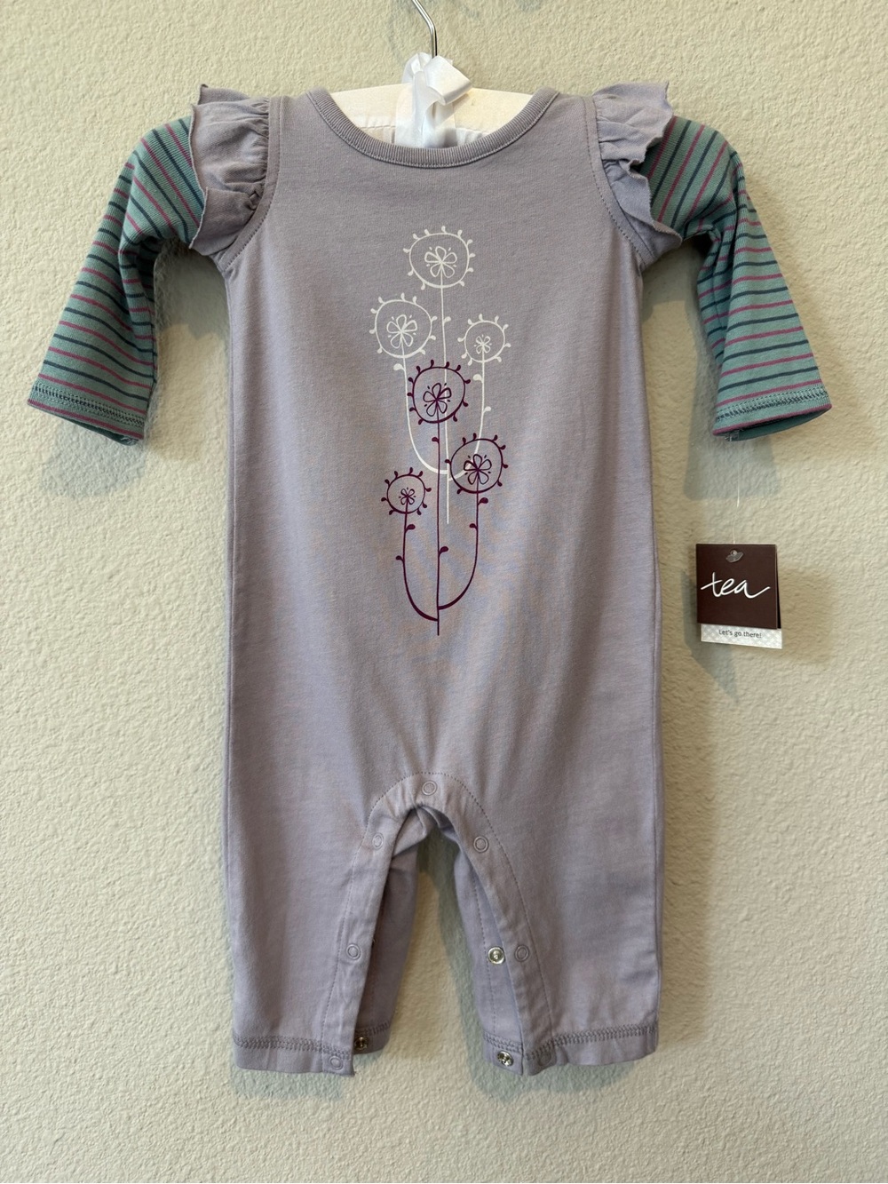 NWT! Tea Collection Lavender Floral Stripe-Sleeve One-Piece, Size 0-3 Months